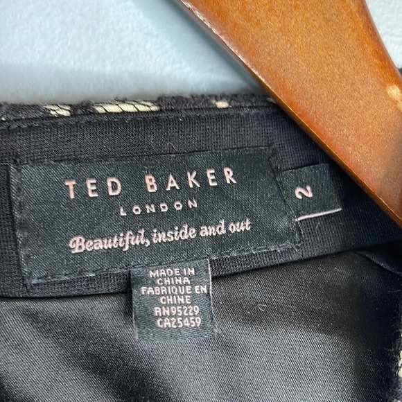 TED BAKER Briony Lace Overlay Dress Black Over Nude Structured Shoulders Size 6 - Picture 7 of 11